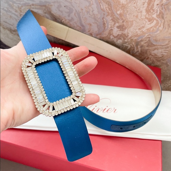 Roger Vivier Pilgrim Crystal Buckle Blue SatinBelt